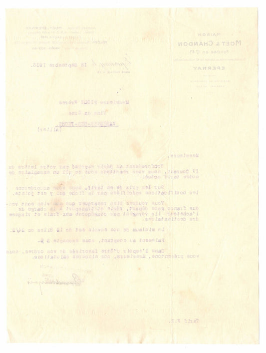1936 Epernay Maison Moet et Chandon Paris France Letterhead Billhead Liquor Wine