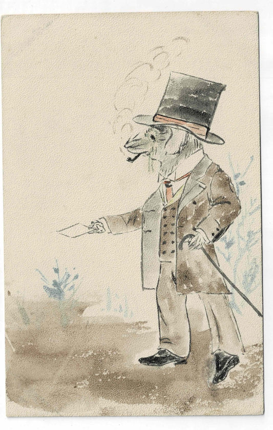 Antique c1900 Hand Painted Watercolor Postcard Anthropomorphic Rat Gentleman UPU - image 1