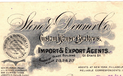 1904 Boston Letterhead Billhead Stone & Downer Co. Import Export Agents Company