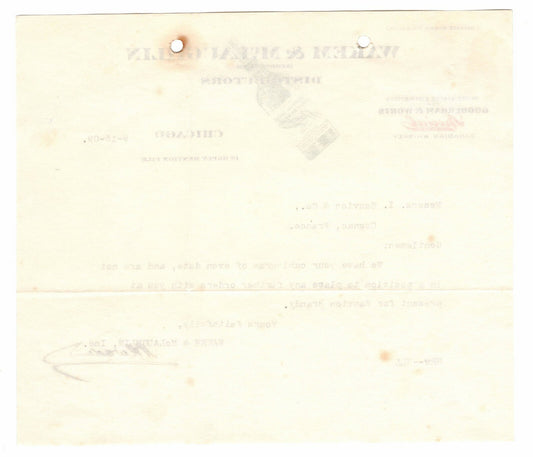 1909 Chicago Letterhead Billhead Wakem McLaughlin Distributors Canadian Whiskey