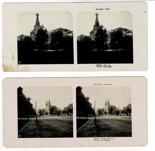 Antique Stereoview Photo 2pc Lot Poland Polska Krakow Cracow Planty Plac Matejki